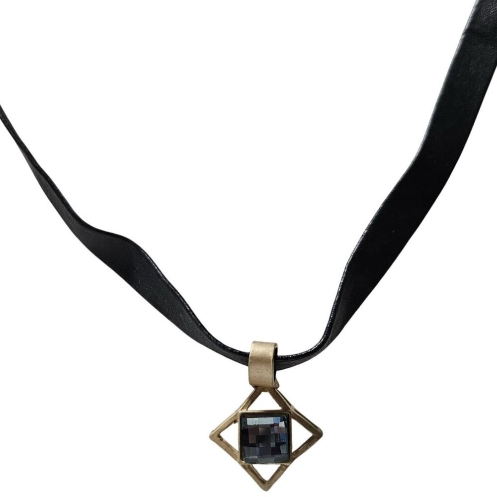 Elegant Gold Tone Geometric Black Stone Pendant Choker Necklace Black Strap